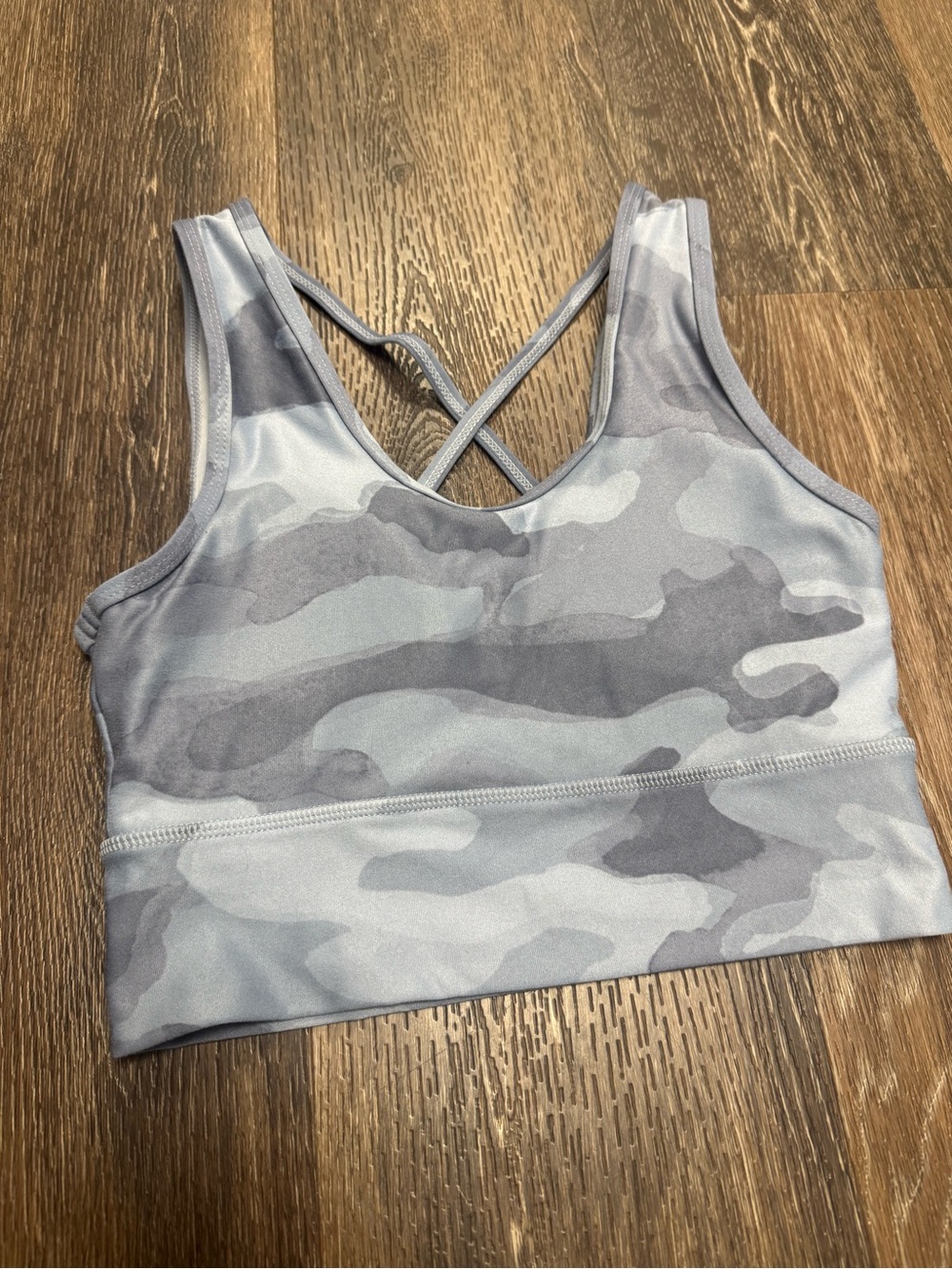 Scorpio Sol Light Gray and Blue Camo Cross-Back Sports Bra